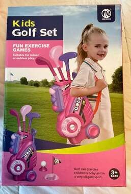 Kids Pink Golf Set Toy with Rolling Cart and Shoulder Strap